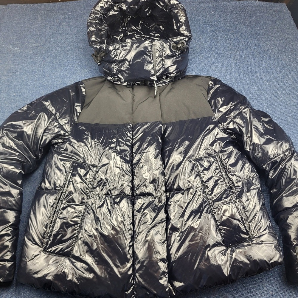 Calvin Klein Mens Navy Blue Shiny Puffer Jacket Detachable Hood Medium